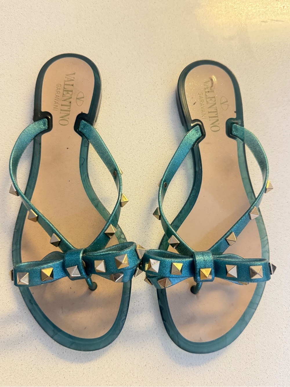 Valentino Teal Metallic Stud Bow Thong Sandals